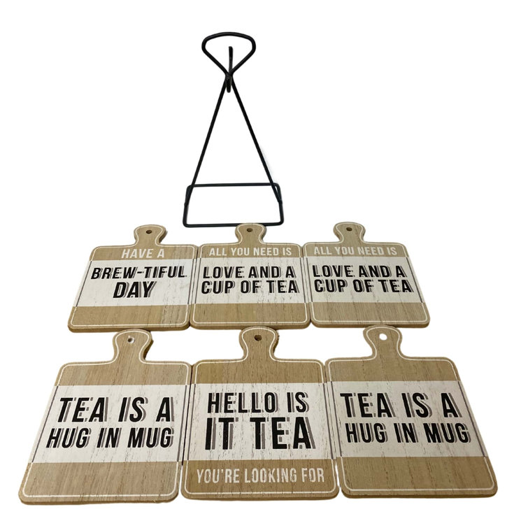 Maturi Set Of Six Tea Slogan Coasters On Metal Stand Wayfair.co.uk
